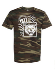 Green woodland camo unisex crewneck T-shirt with Tigergram face and 1871 badge graphic