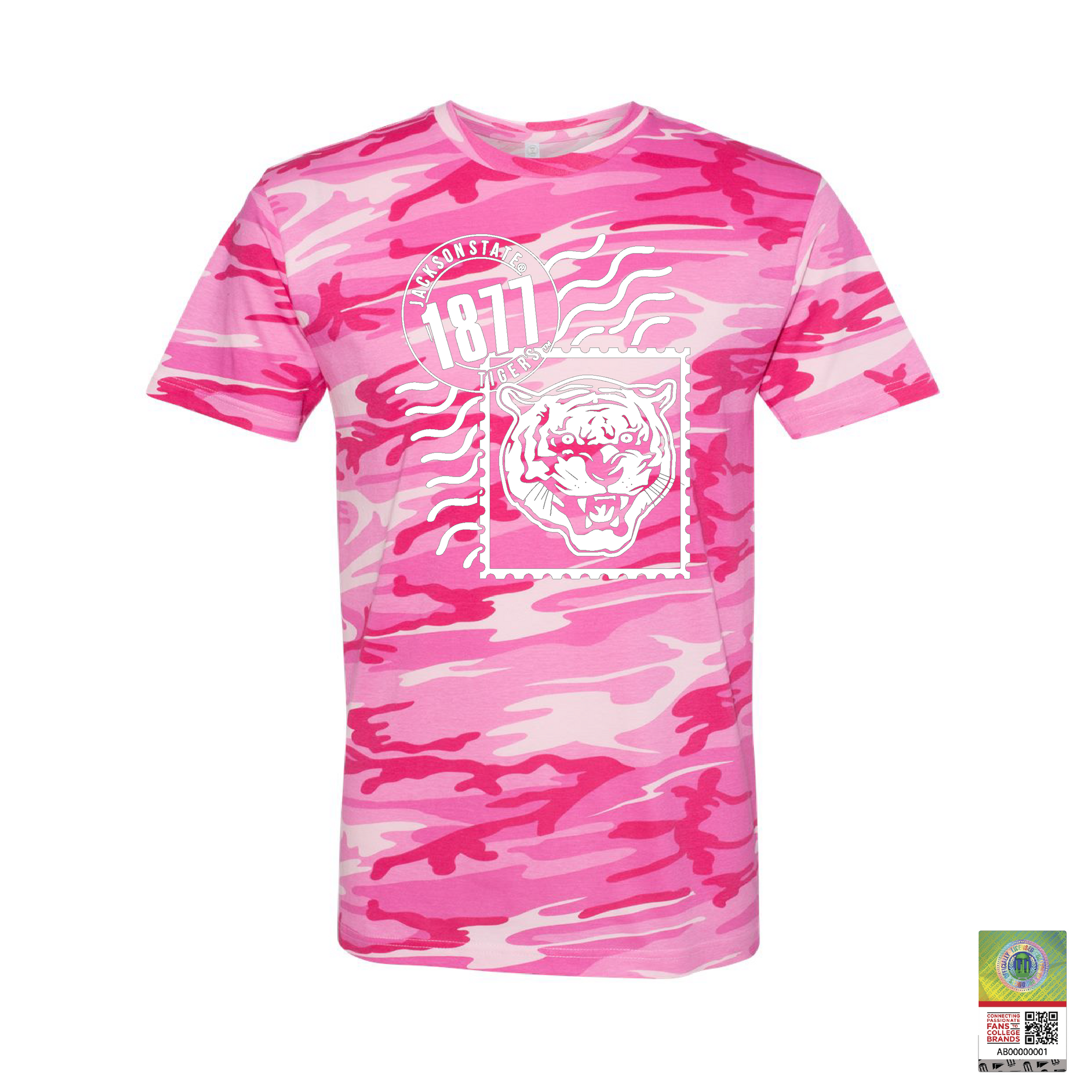 Pink camo unisex crewneck T-shirt with Tigergram face and 1871 badge graphic