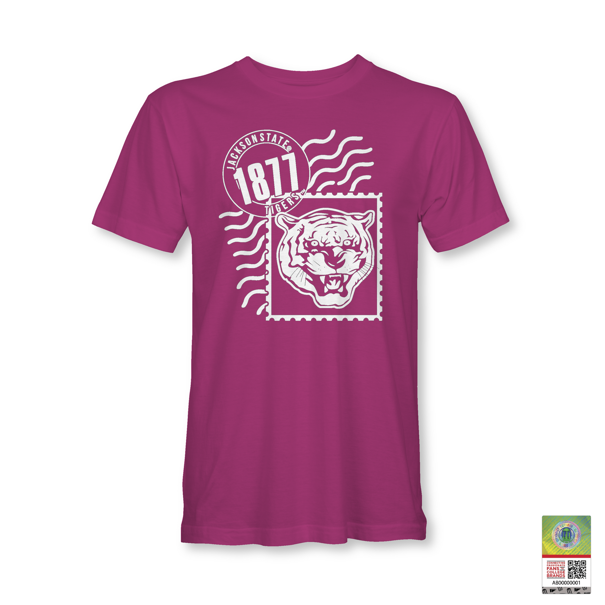 Pink unisex crewneck T-shirt with Tigergram face and 1871 badge graphic