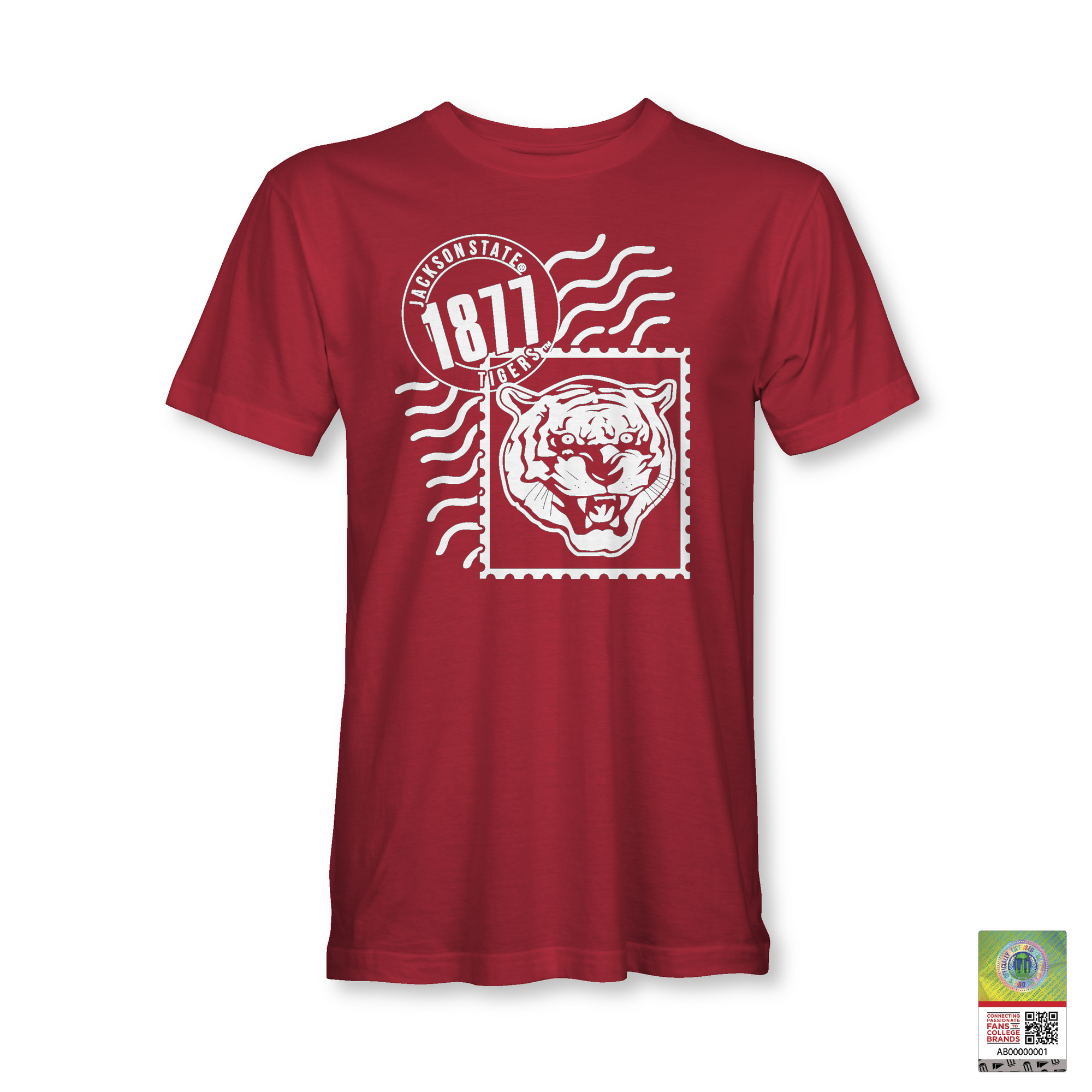 Red unisex crewneck T-shirt with Tigergram face and 1871 badge graphic