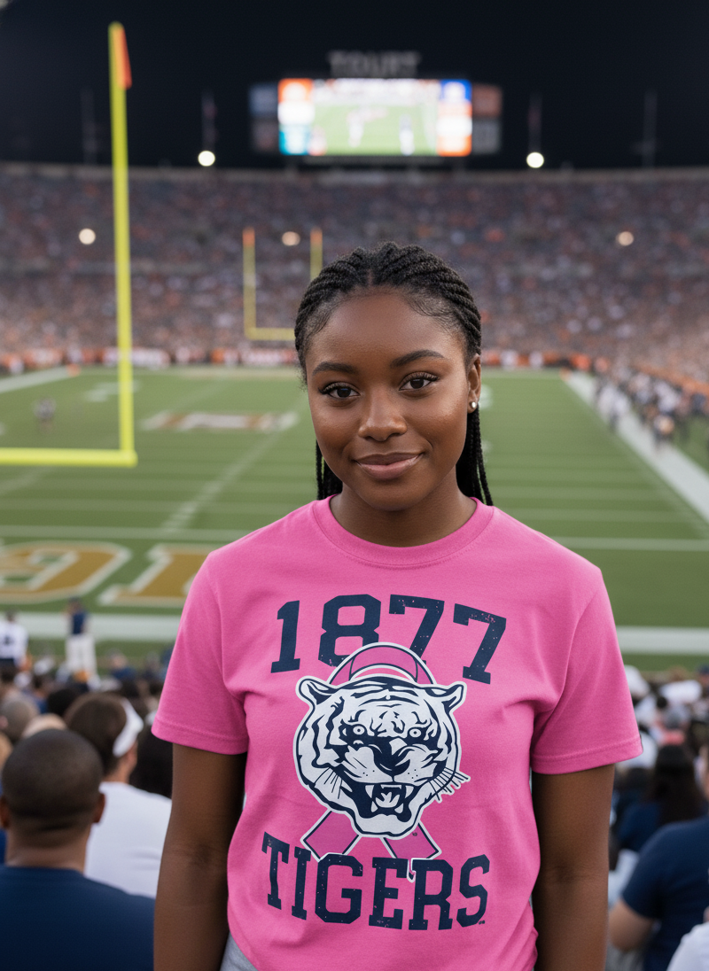 Black woman wearing a pink Jackson State University Roar For Thee Cure T-Shirt at a football stadium