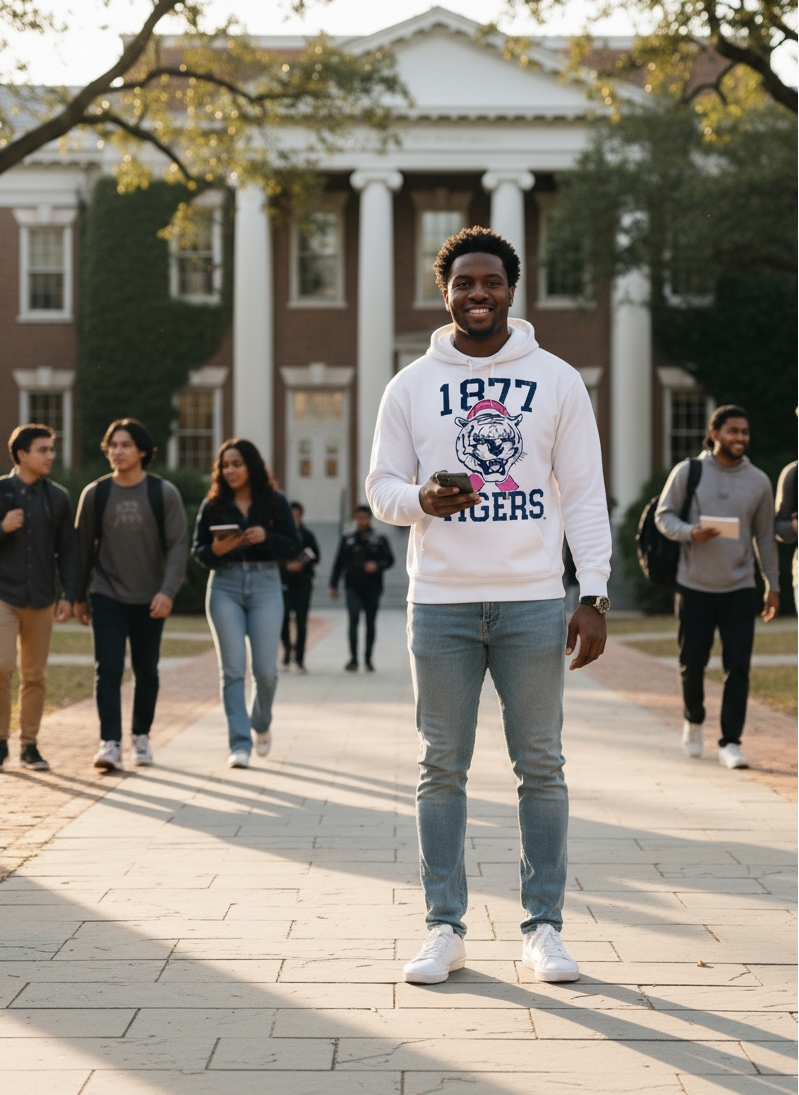 Black man wearing a Jackson State University Roar For Thee Cure White Hoodie on a college campus