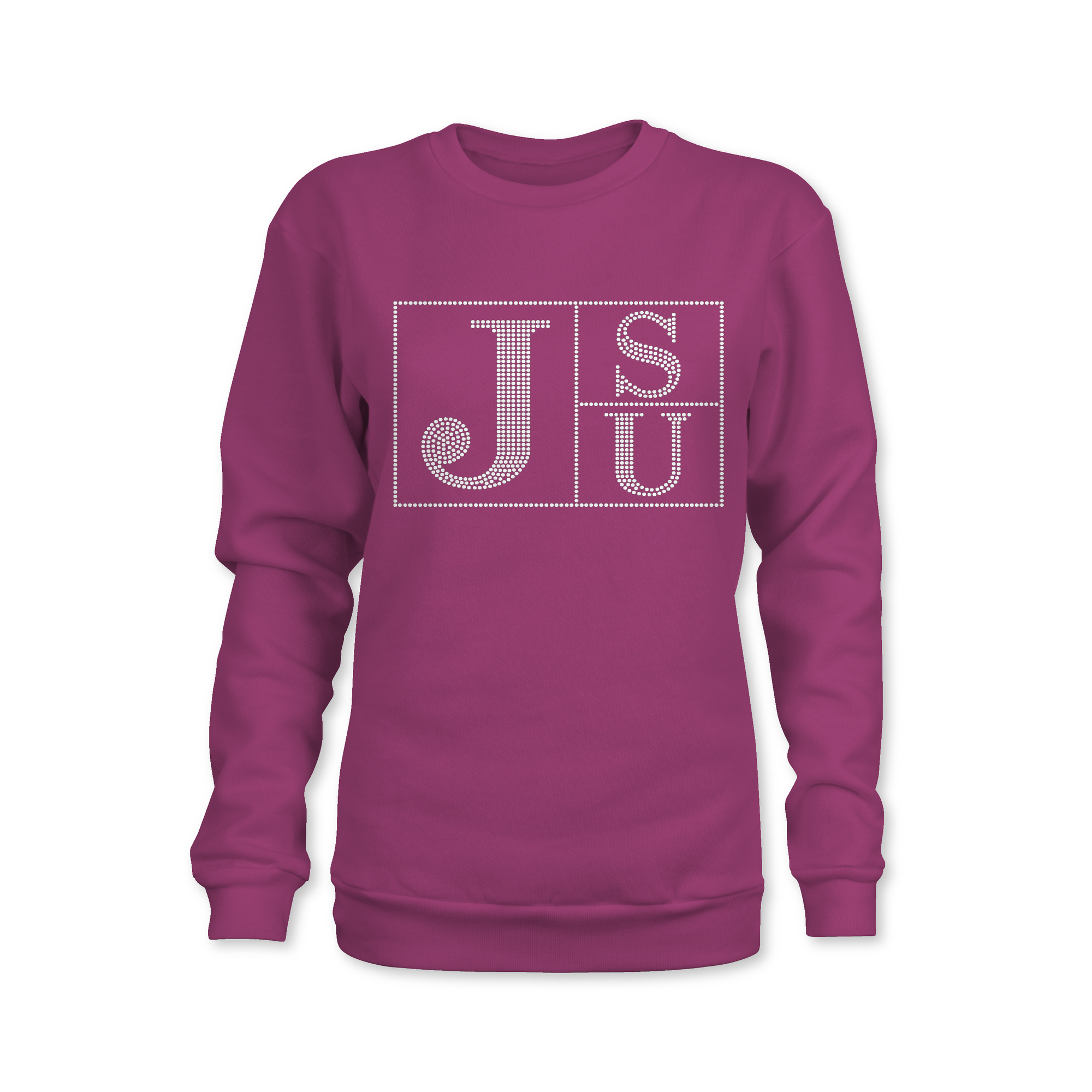 Pink rhinestone JSU block-letter sweatshirt, crew neck with large front logo