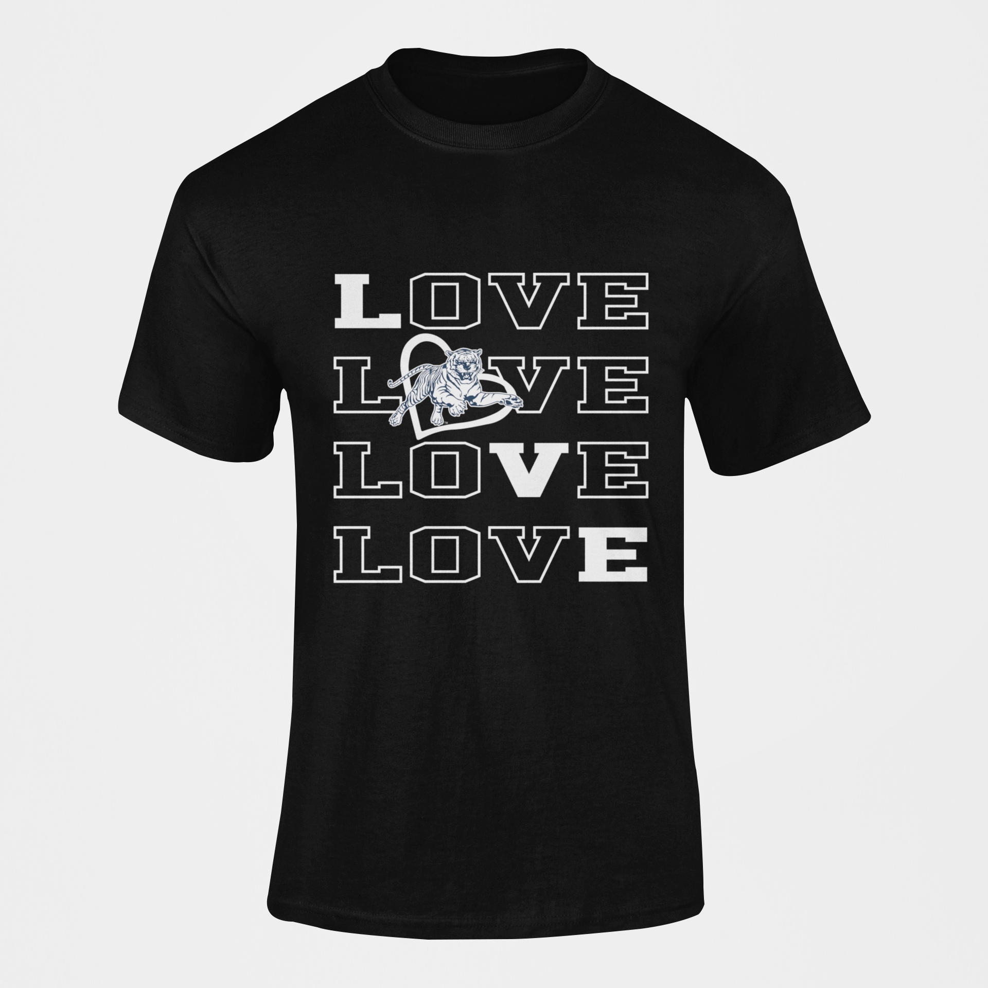 Black short-sleeve T-shirt with stacked LOVE text and tiger emblem graphic