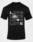 Black short-sleeve T-shirt with stacked LOVE text and tiger emblem graphic