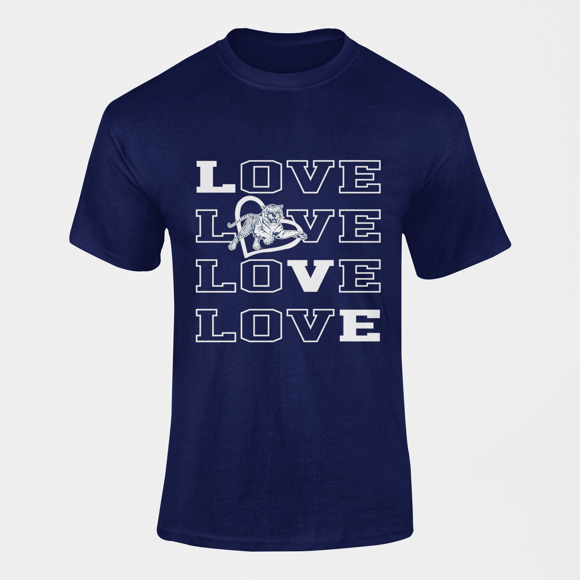 Navy blue short-sleeve T-shirt with stacked LOVE text and tiger emblem graphic
