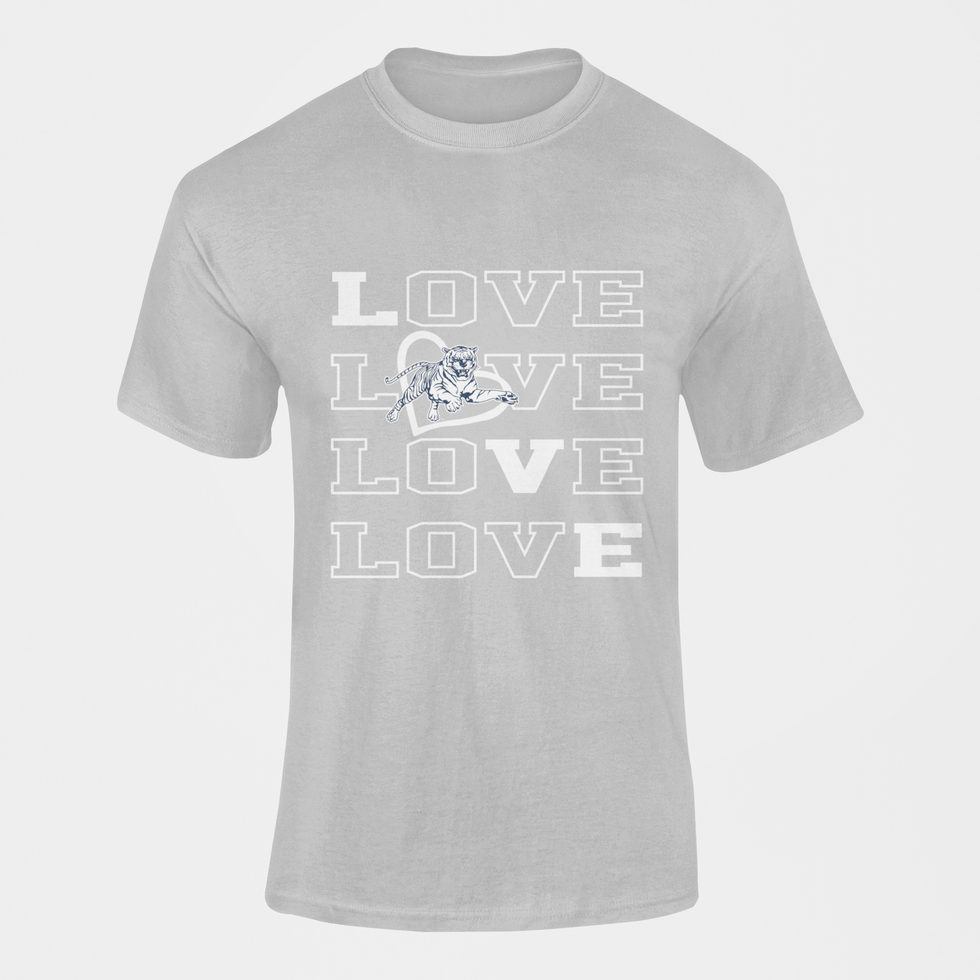 Gray short-sleeve T-shirt with stacked LOVE lettering and tiger emblem graphic