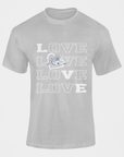 Gray short-sleeve T-shirt with stacked LOVE lettering and tiger emblem graphic