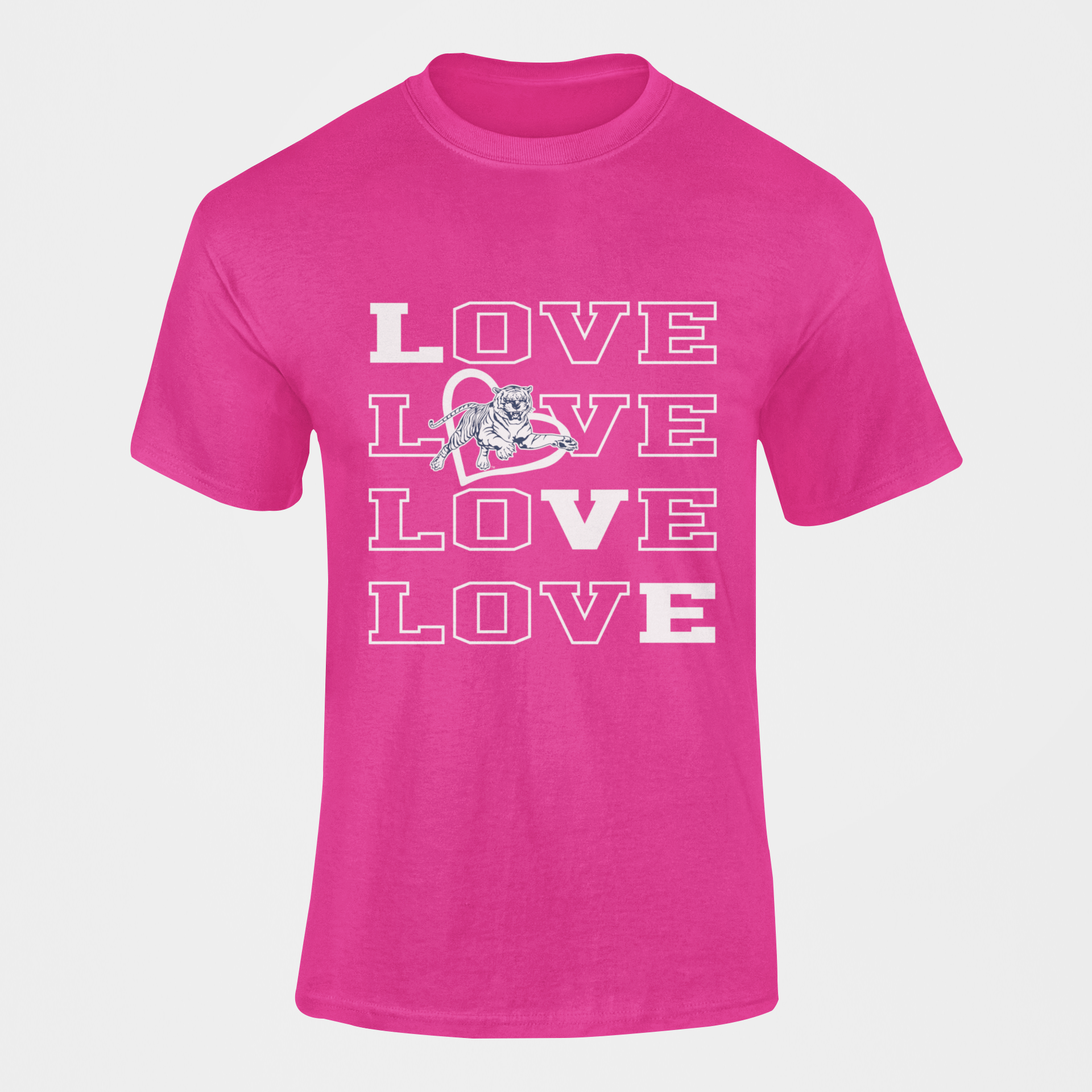 Pink short-sleeve T-shirt with stacked LOVE lettering and tiger emblem graphic