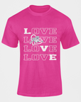 Pink short-sleeve T-shirt with stacked LOVE lettering and tiger emblem graphic