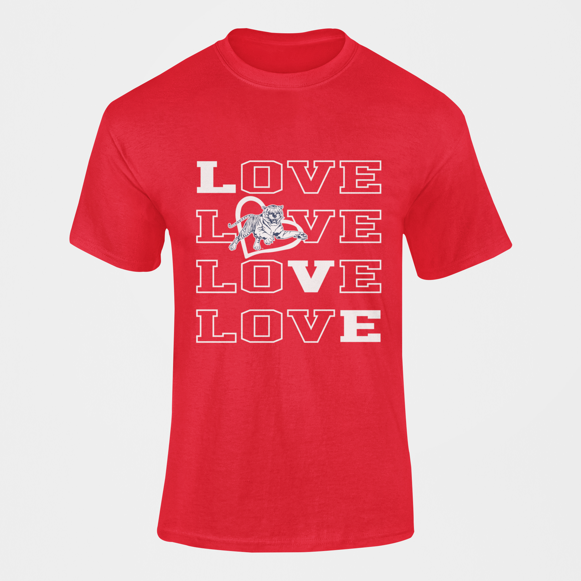 Red short-sleeve T-shirt with stacked LOVE text and tiger emblem graphic on front