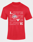 Red short-sleeve T-shirt with stacked LOVE text and tiger emblem graphic on front