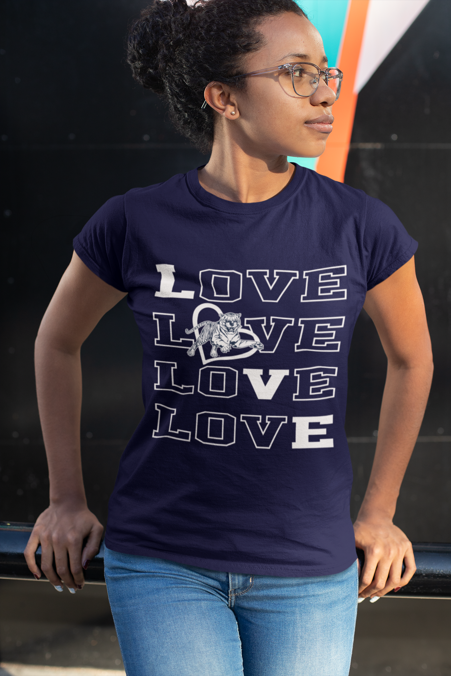 Navy blue short-sleeve T-shirt with stacked LOVE graphic and tiger emblem on chest