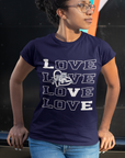 Navy blue short-sleeve T-shirt with stacked LOVE graphic and tiger emblem on chest