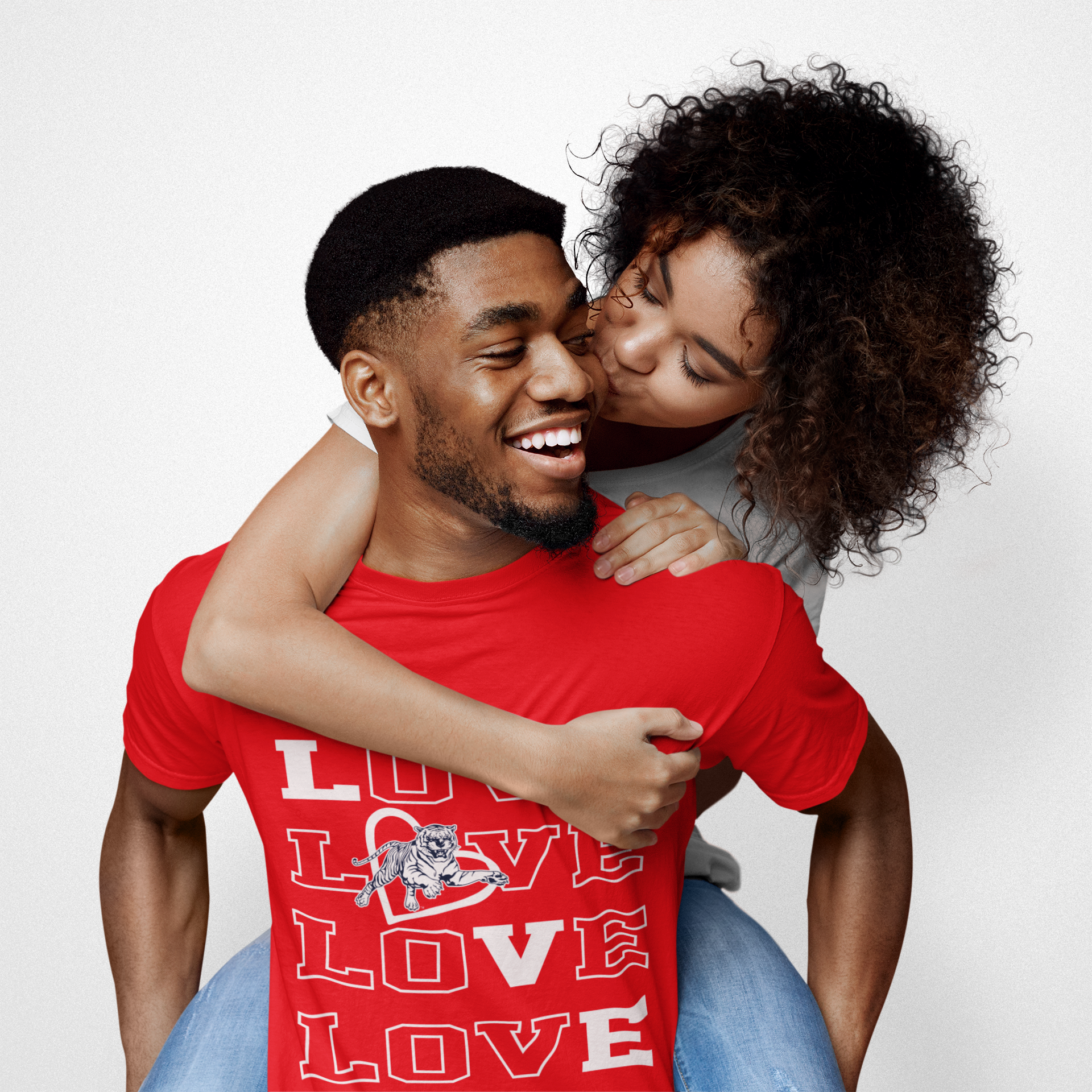 Red short-sleeve T-shirt with stacked LOVE text and tiger emblem graphic on chest
