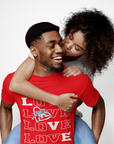Red short-sleeve T-shirt with stacked LOVE text and tiger emblem graphic on chest