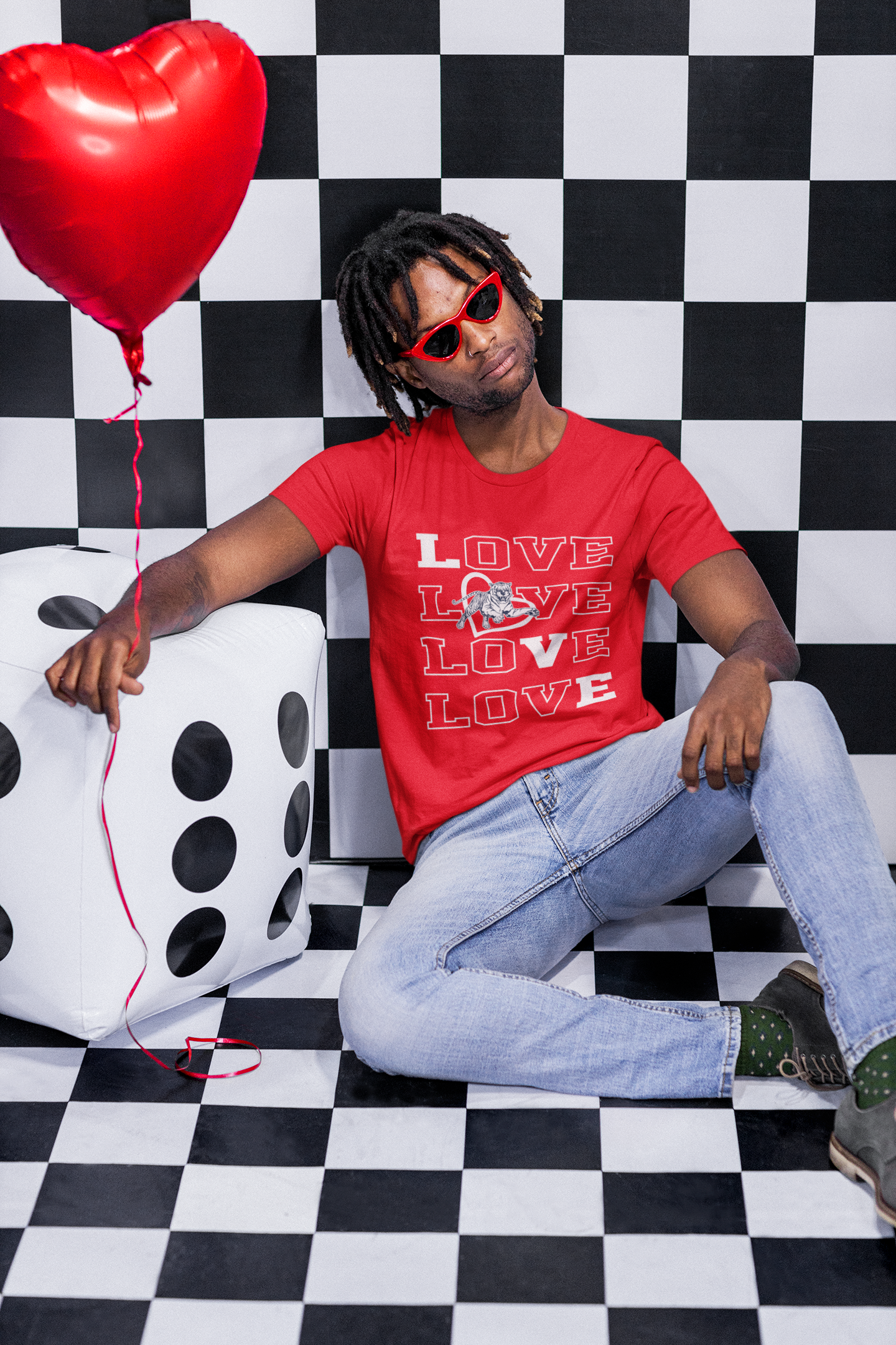 Red short-sleeve T-shirt with stacked LOVE lettering and tiger graphic centered