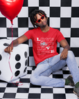Red short-sleeve T-shirt with stacked LOVE lettering and tiger graphic centered