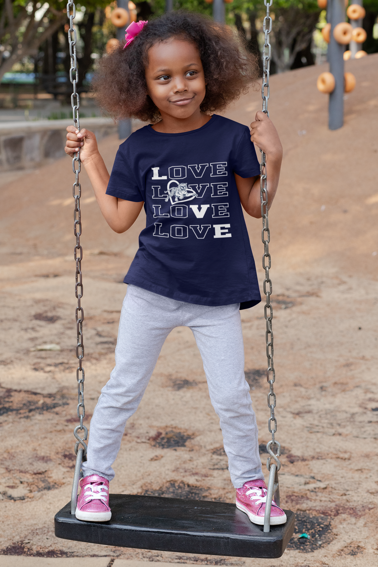 Navy blue short-sleeve T-shirt with stacked LOVE lettering and tiger graphic on front