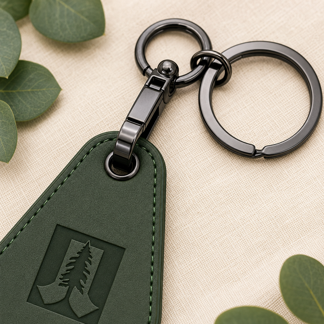 Close-up of black gunmetal swivel clip and keyring hardware on green engraved motel keychain