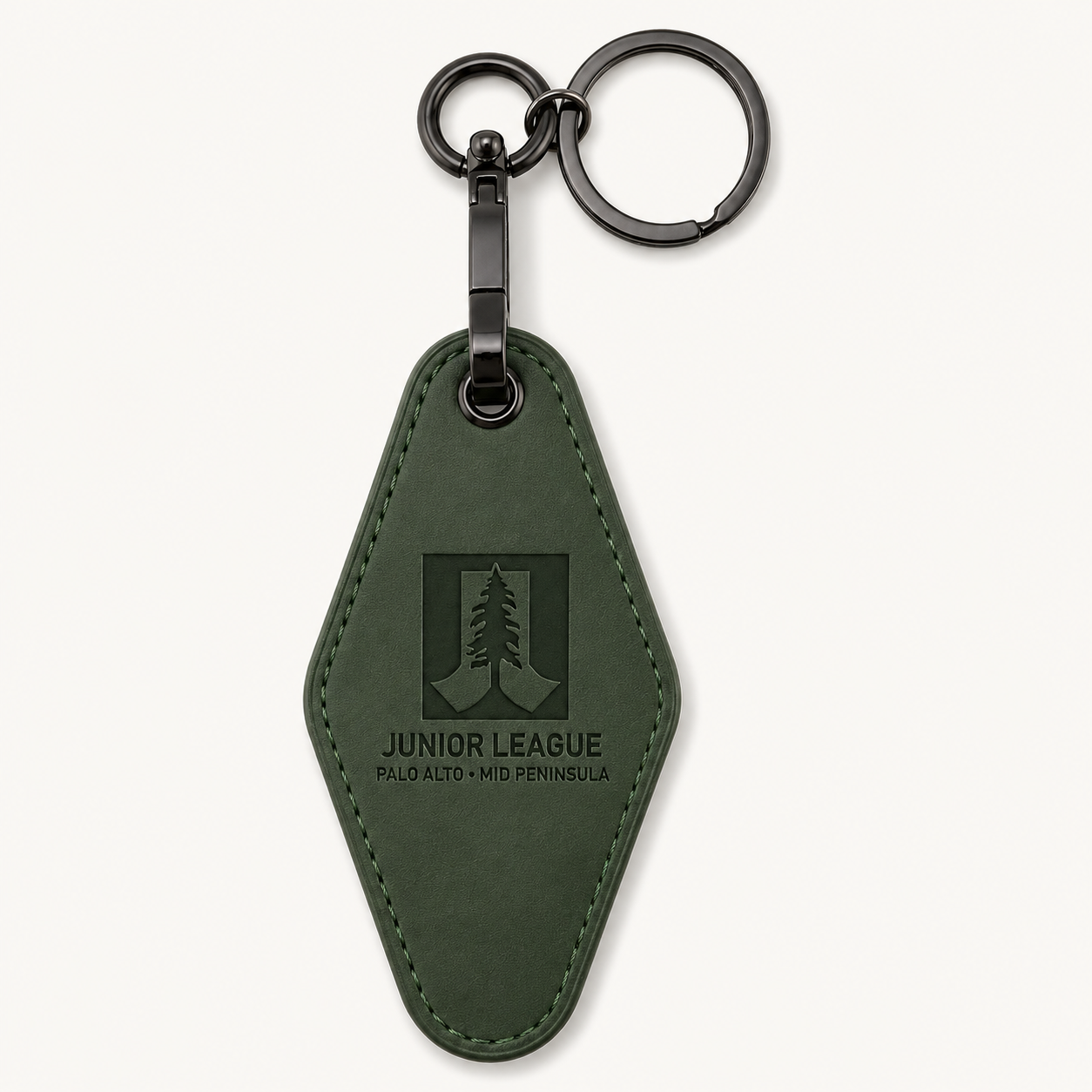 Junior League Palo Alto Mid Peninsula green laser engraved motel keychain with black gunmetal hardware on a clean neutral background