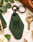 Front and back view of personalized Junior League motel keychain with custom engraved member name and title