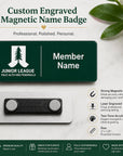 Custom engraved magnetic name badge for Junior League Palo Alto Mid Peninsula showing badge front with member name placeholder, magnetic back detail, and product feature callouts including strong magnetic back, laser engraving, two-tone acrylic, and 3 by 1.25 inch size