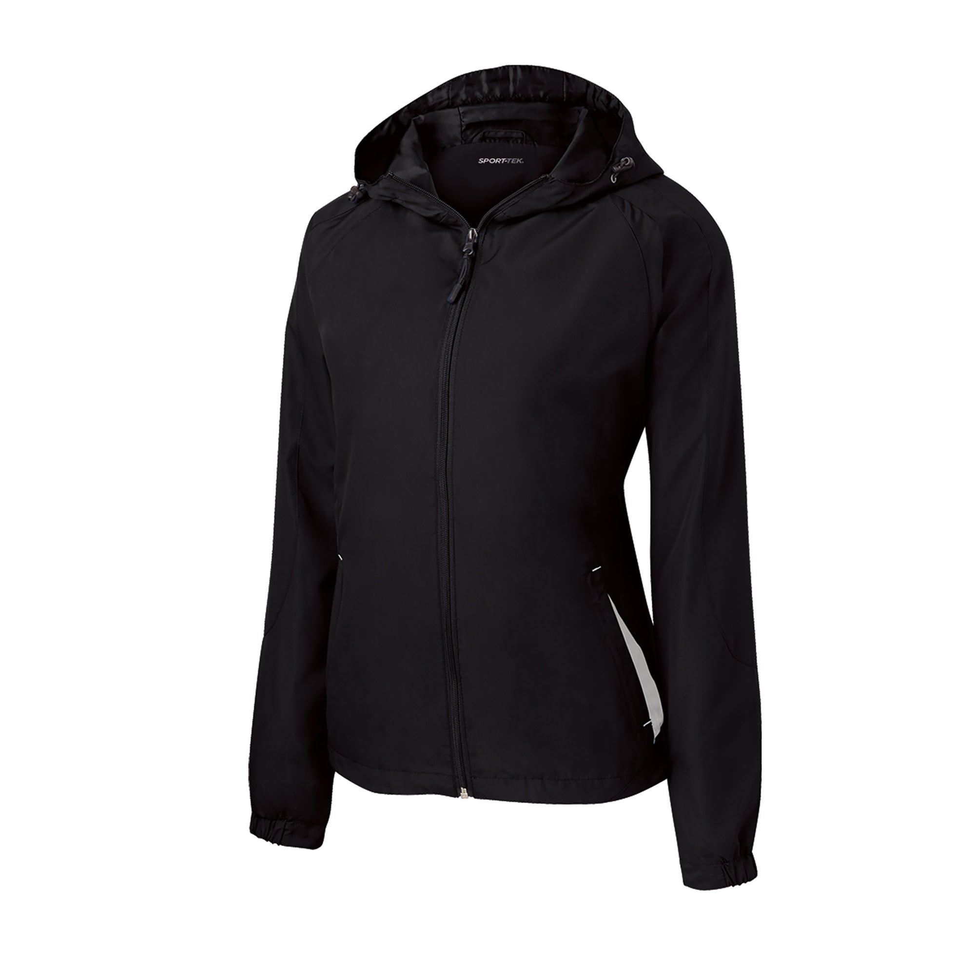 Women’s hooded zip-front raglan jacket, black with drawstring hood and side profile