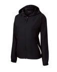 Women’s hooded zip-front raglan jacket, black with drawstring hood and side profile