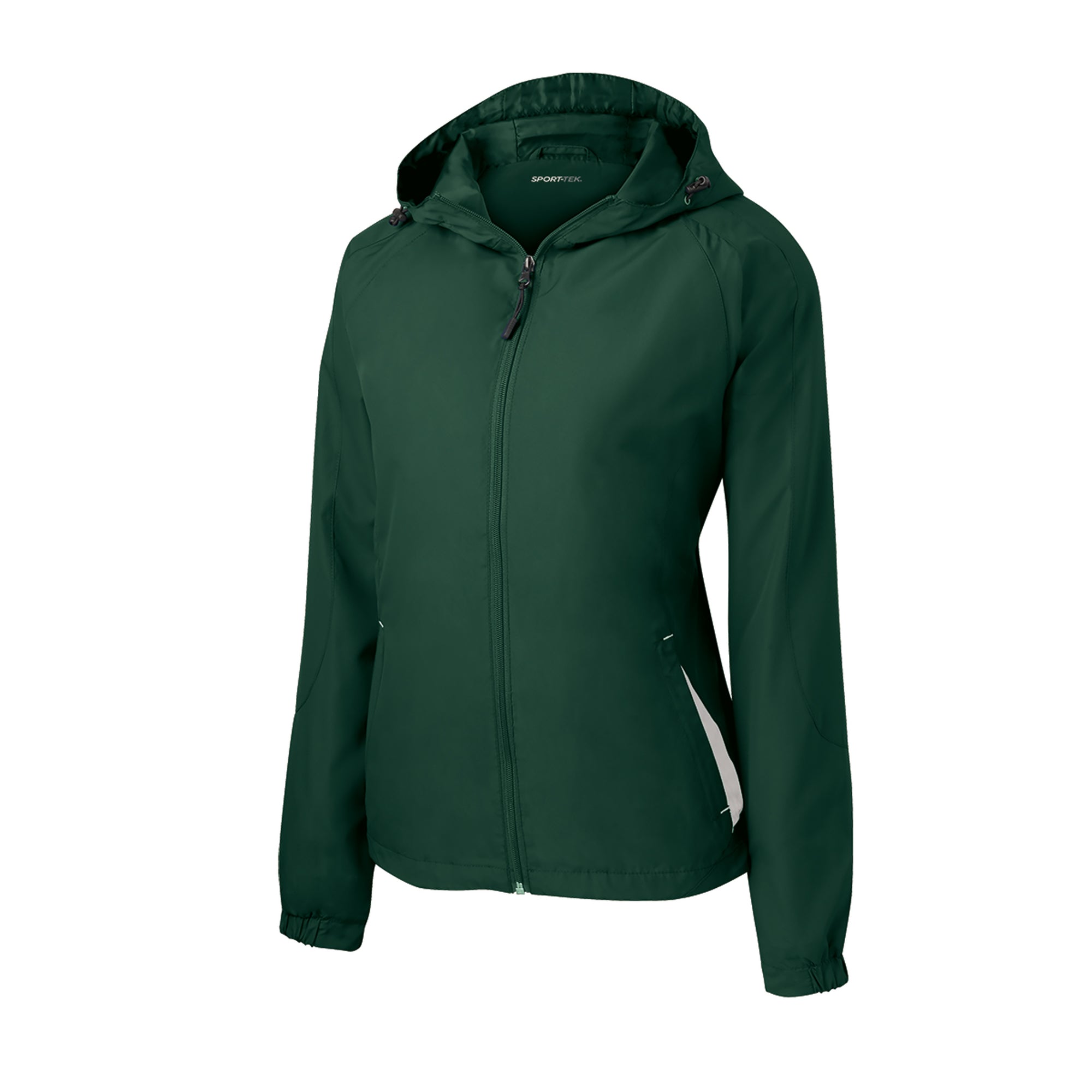 Women’s hooded zip-front raglan jacket, forest green with drawstring hood and side profile