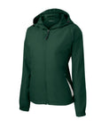 Women’s hooded zip-front raglan jacket, forest green with drawstring hood and side profile