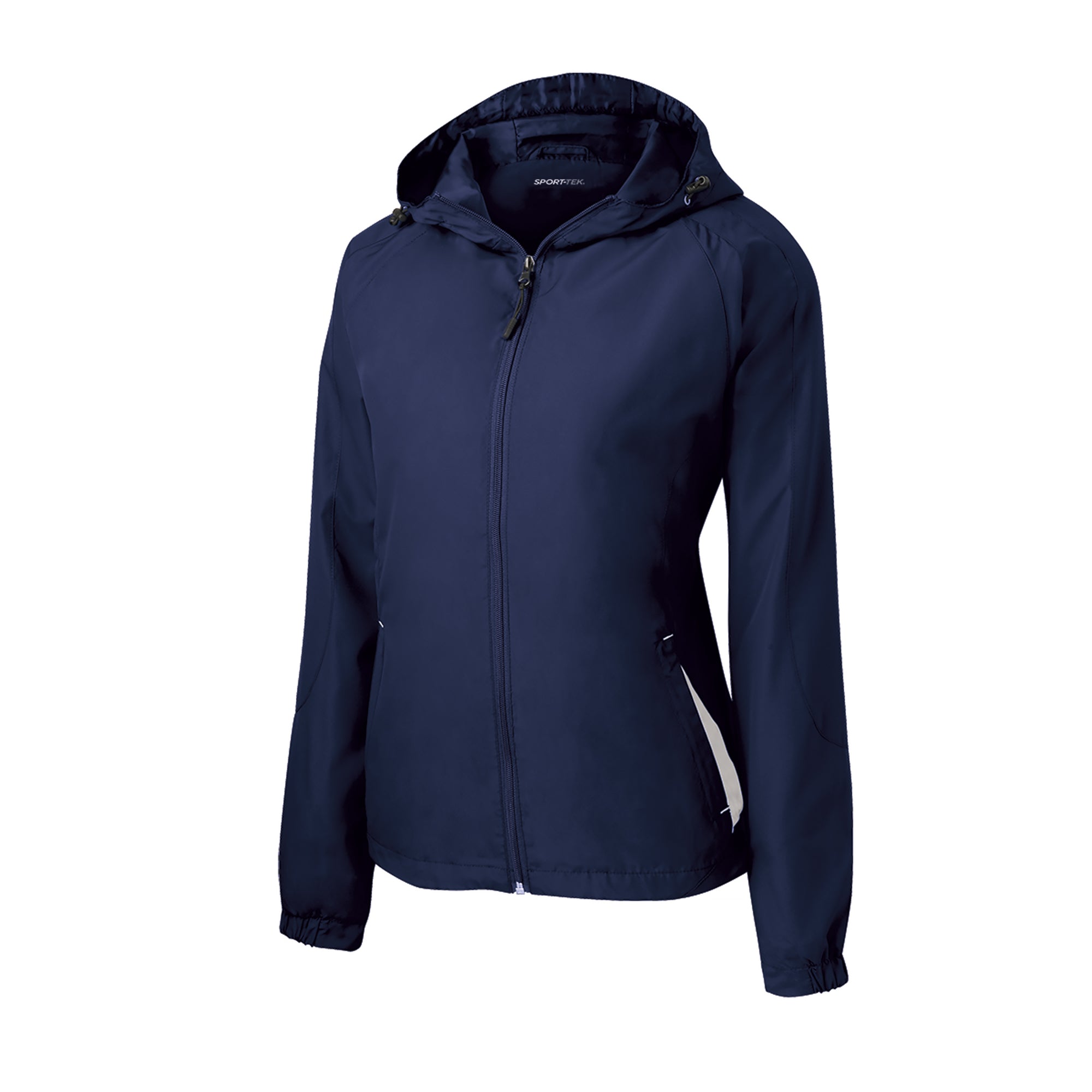 Women’s hooded zip-front raglan jacket, deep navy with drawstring hood and side profile