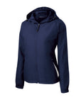Women’s hooded zip-front raglan jacket, deep navy with drawstring hood and side profile
