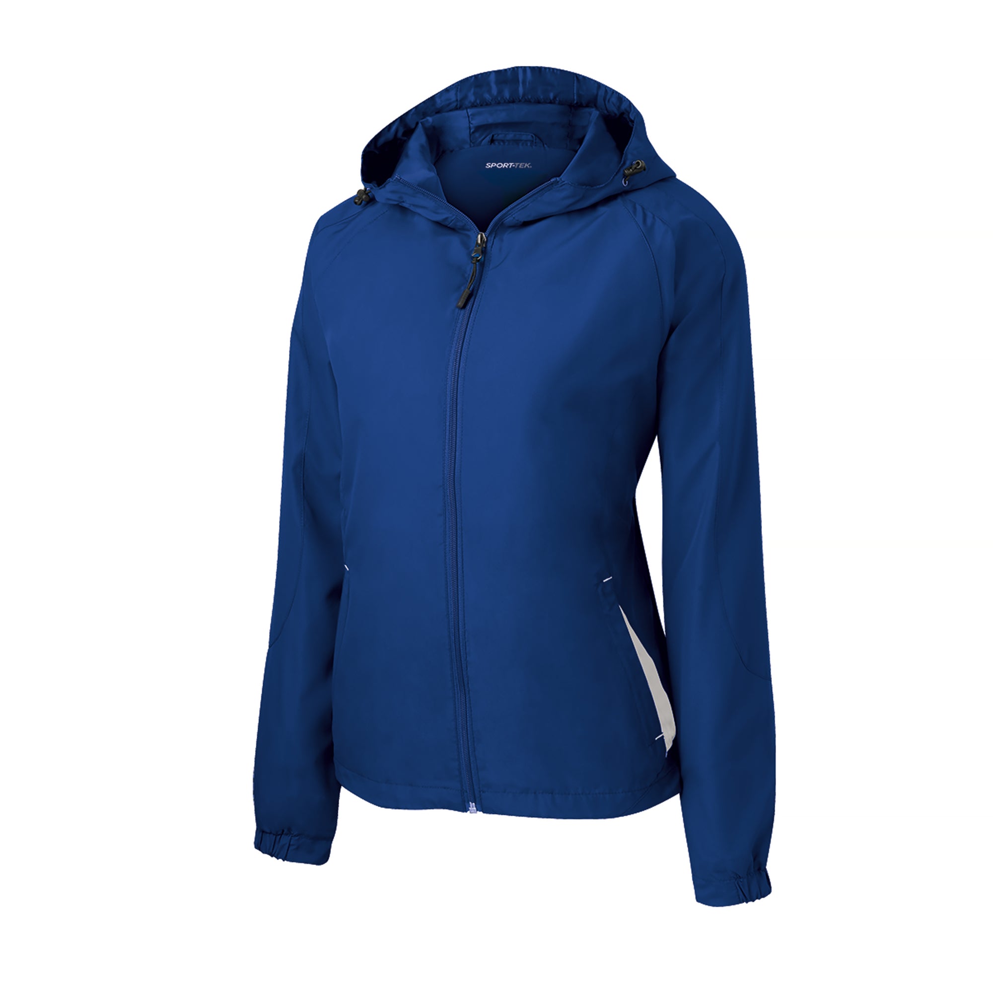 Women’s hooded zip-front raglan jacket, true royal blue with drawstring hood and side profile