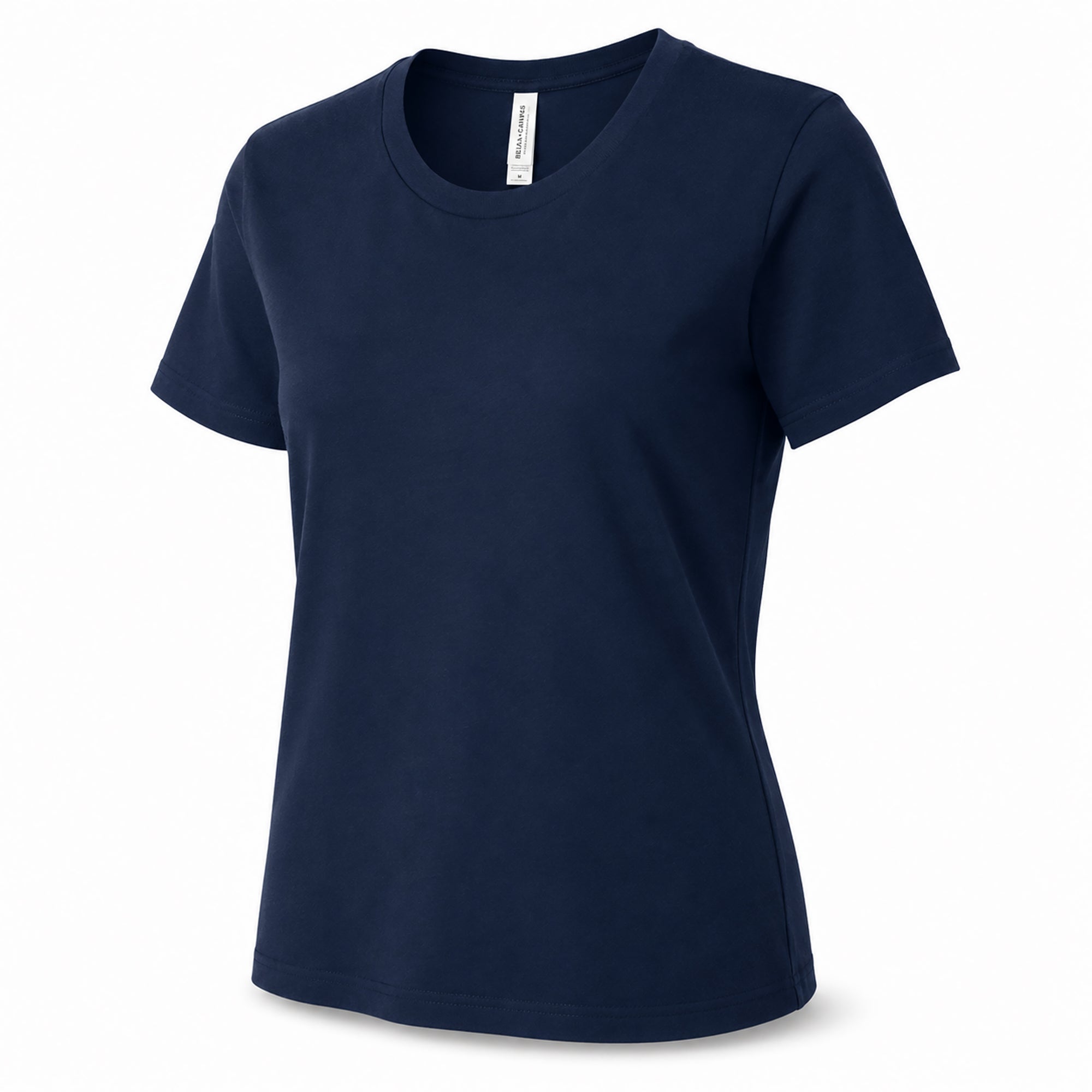 Navy crewneck short-sleeve tee with short sleeves and fitted shape