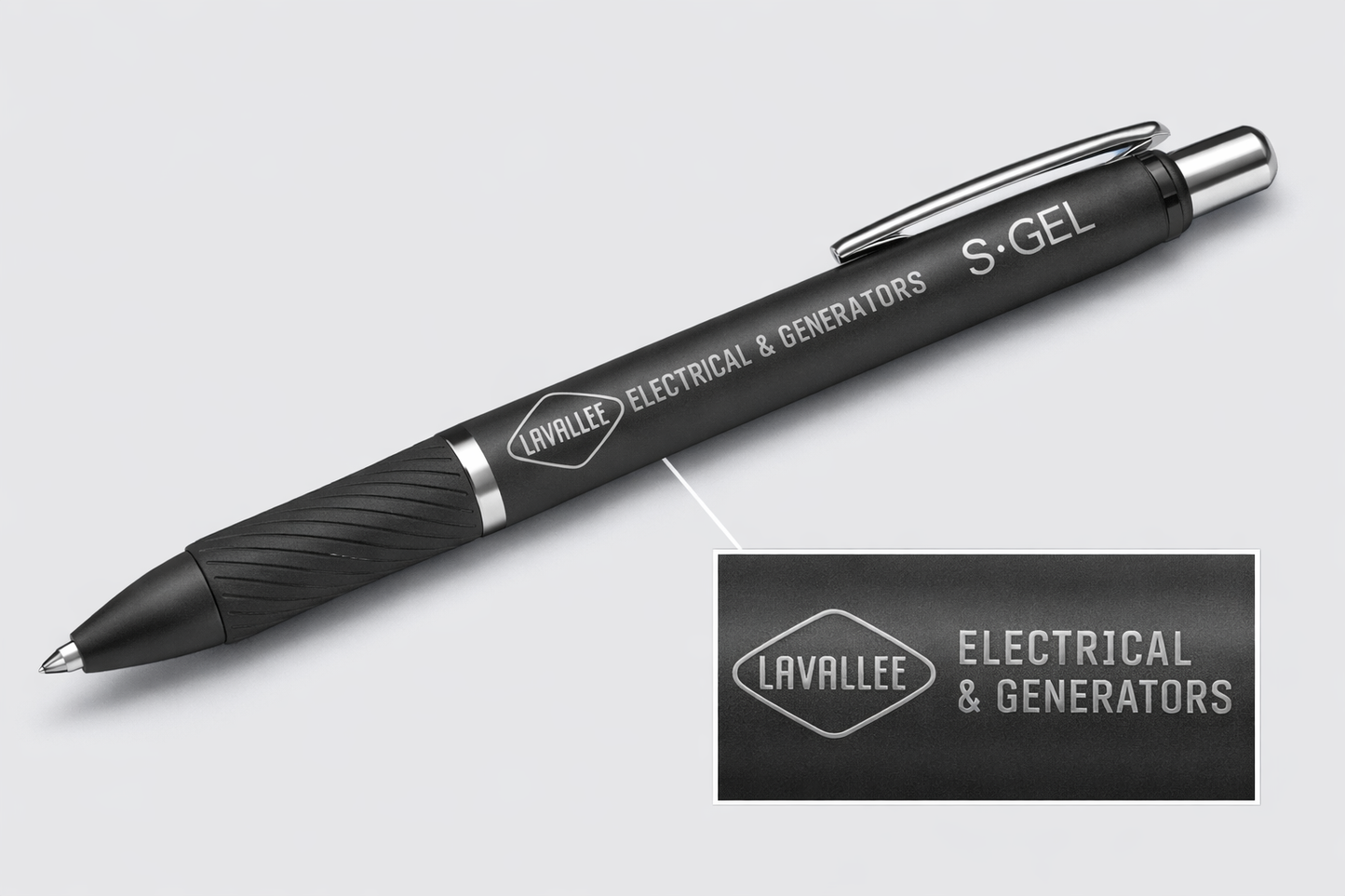 Laser engraved Sharpie S-Gel pen featuring the Lavallee Electrical & Generators logo etched in silver on a black metal barrel with ultra fine 0.38mm tip
