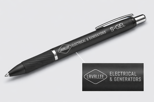Laser engraved Sharpie S-Gel pen featuring the Lavallee Electrical & Generators logo etched in silver on a black metal barrel with ultra fine 0.38mm tip