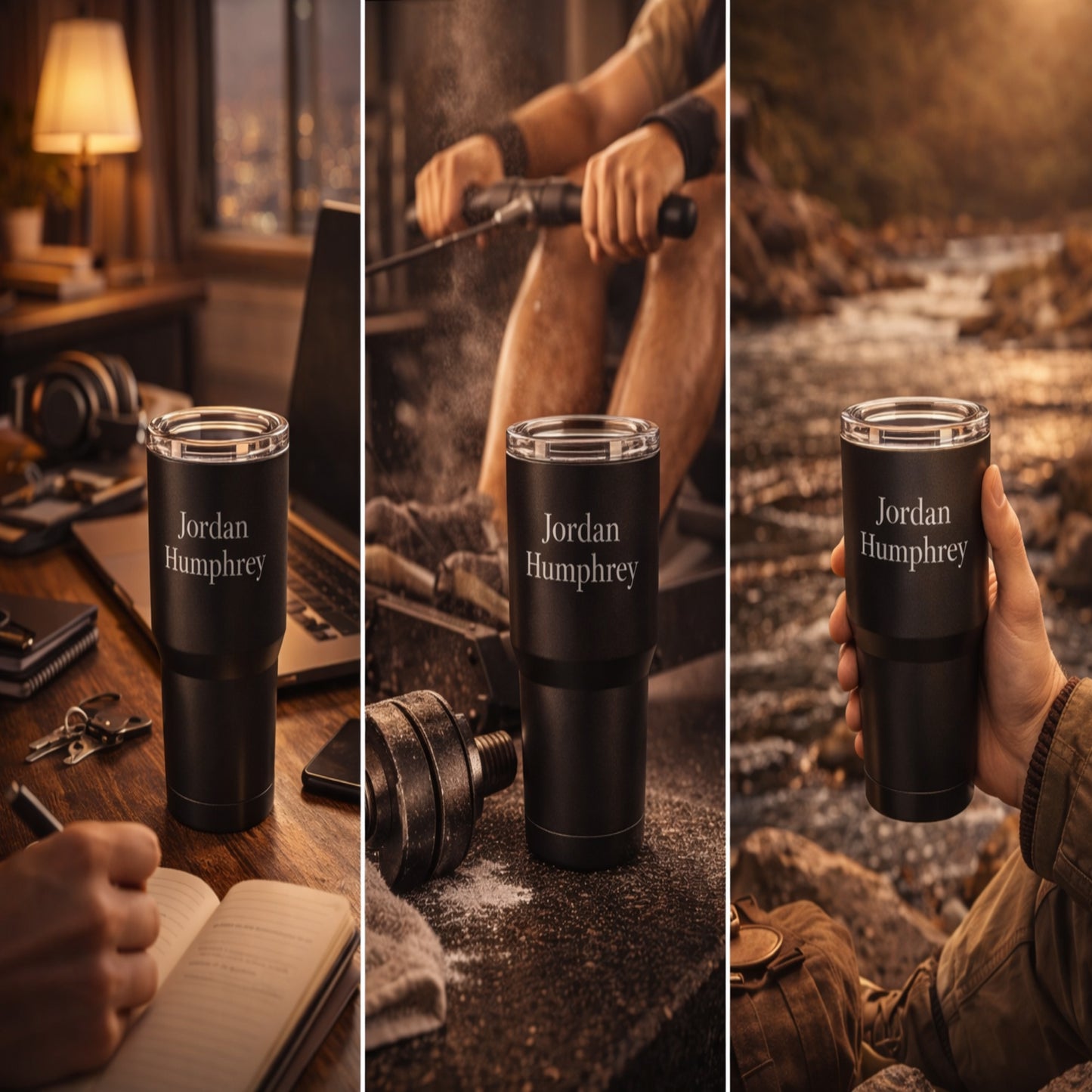 Lifestyle — tumbler in use, desk/workout/outdoor setting