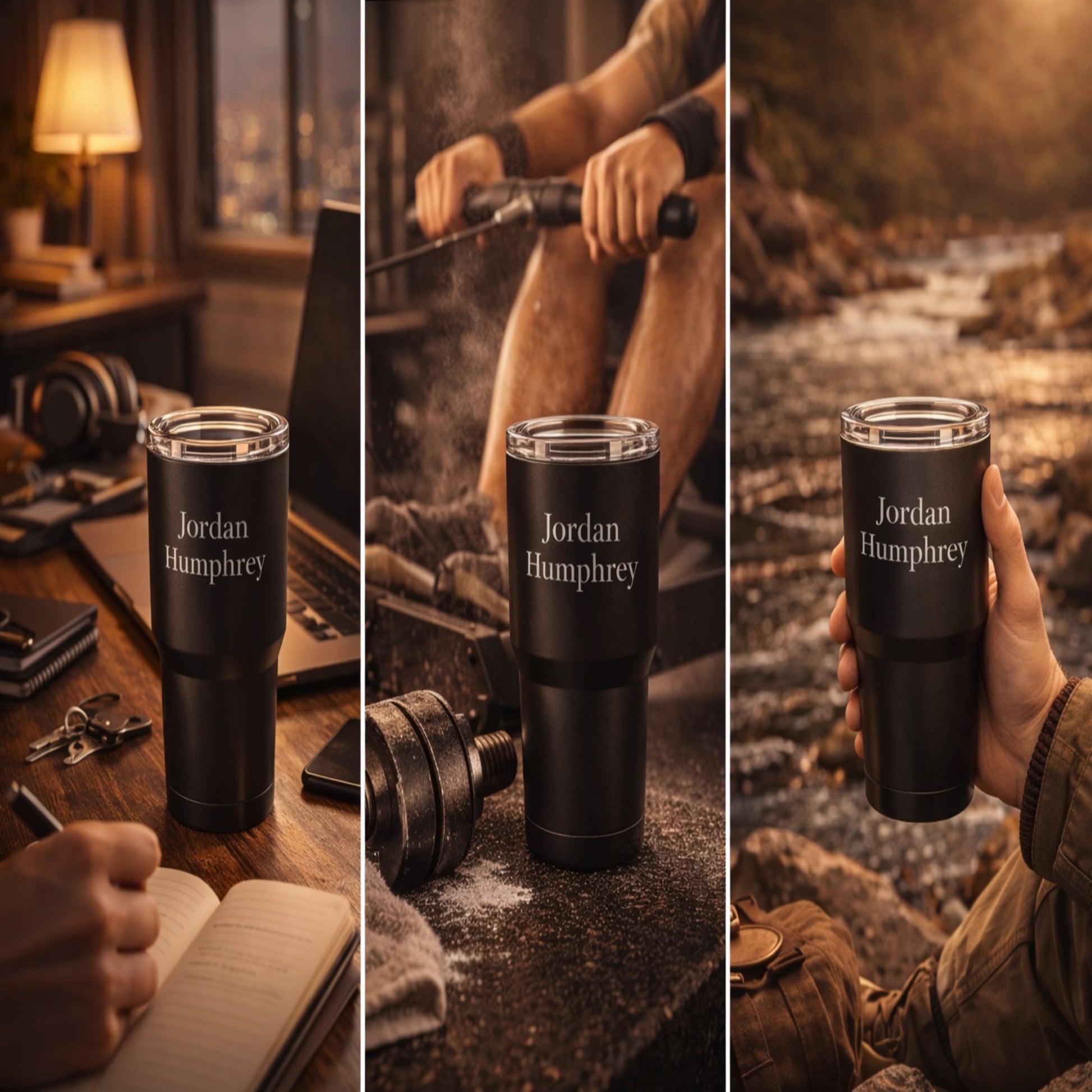 Lifestyle — tumbler in use, desk/workout/outdoor setting