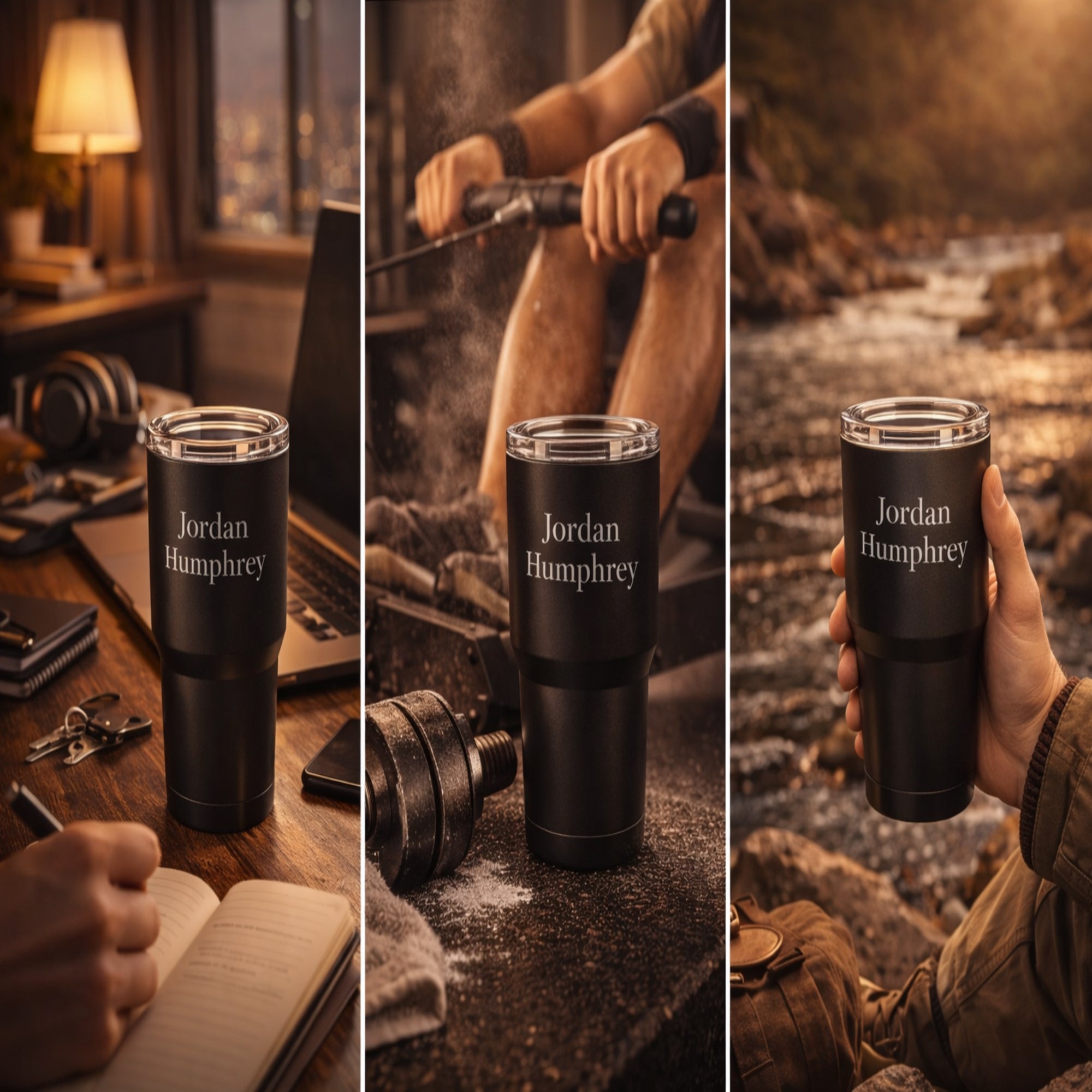 Lifestyle — tumbler in use, desk/workout/outdoor setting