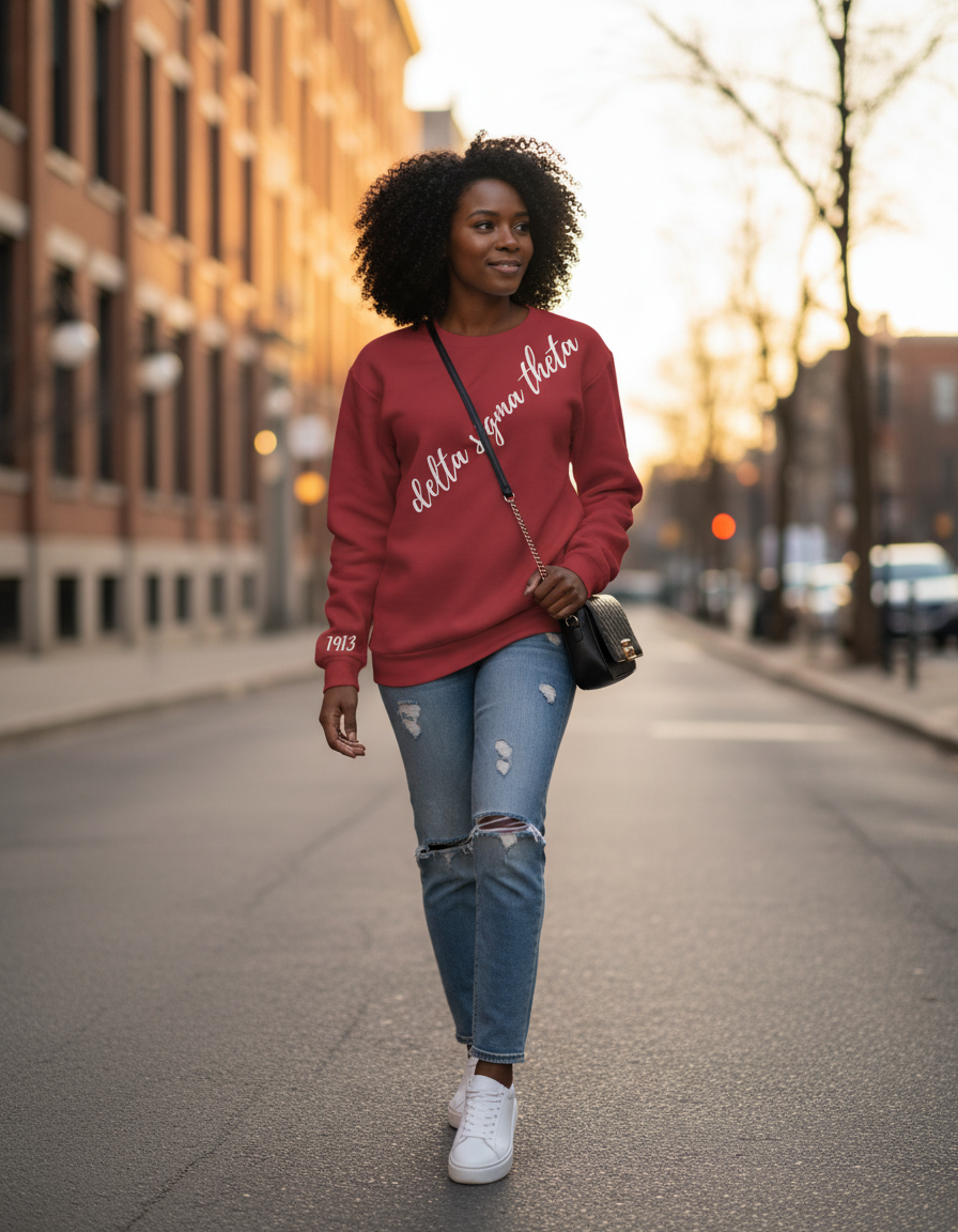 Woman walking on a street wearing a red sweatshirt and ripped jeans.