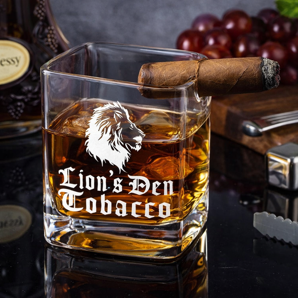 Custom Lion’s Den Tobacco top and bottom engraved whiskey glass set for cigar lounges, premium barware, and whiskey and cigar enthusiasts.