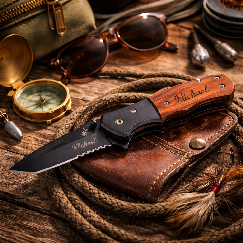 Lifestyle photo of a personalized premium pocket knife styled for everyday carry and outdoor use