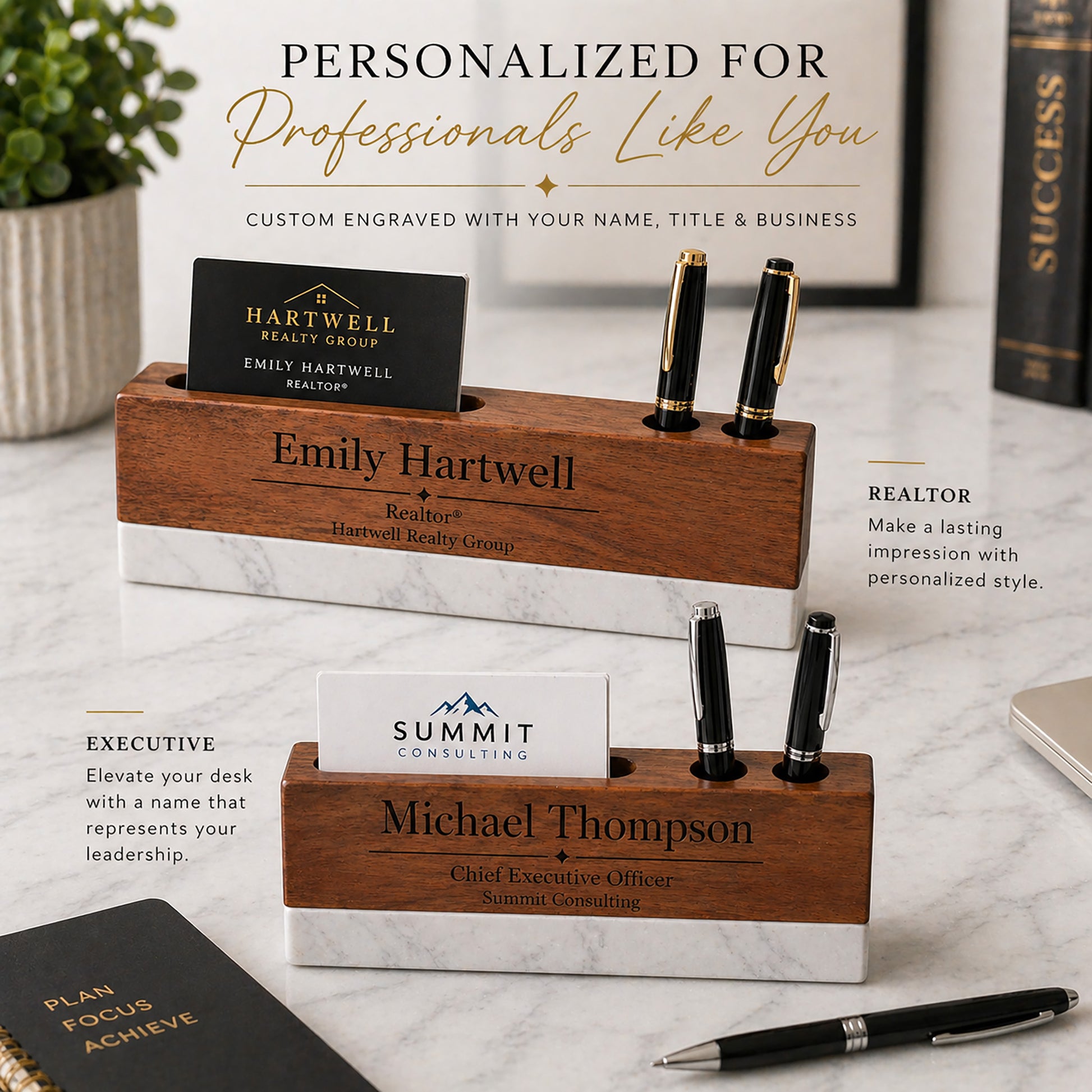 Personalized wooden desk organizers with engraved names and titles on a marble surface.