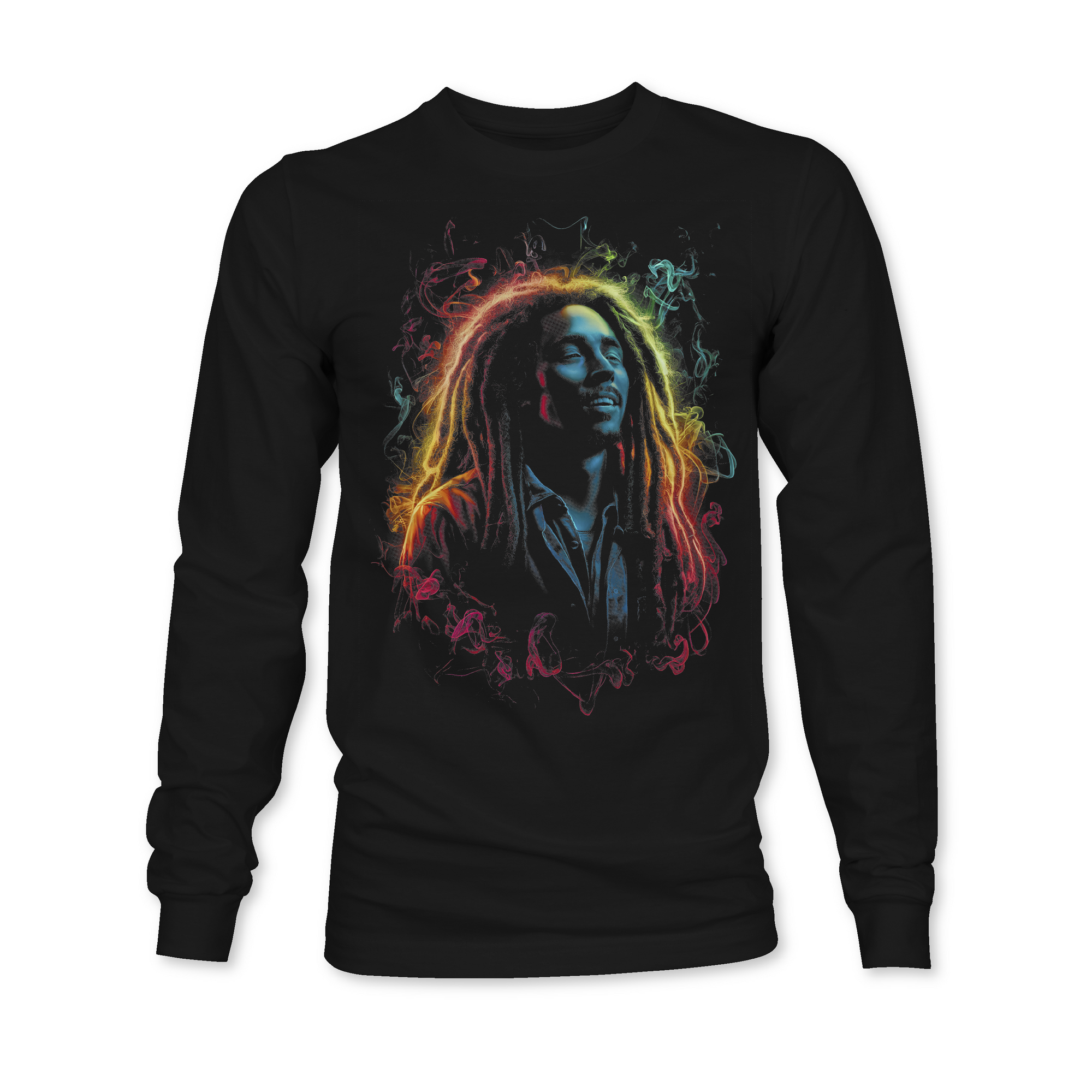Black long-sleeve sweatshirt with colorful graphic portrait on the front