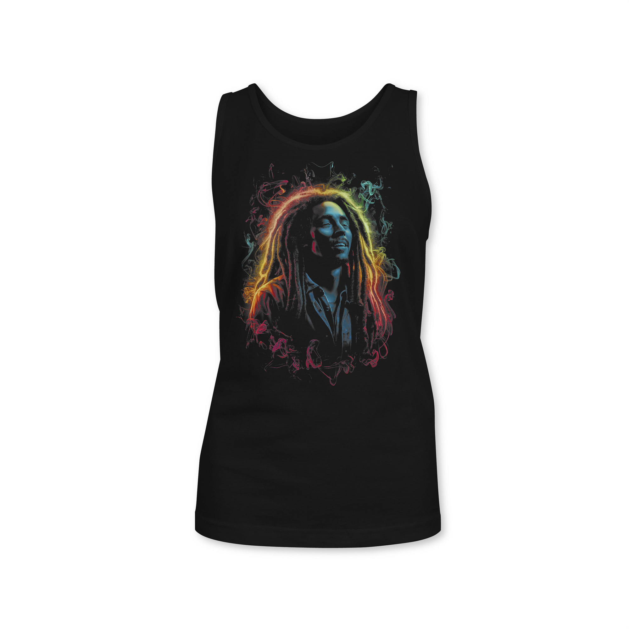 Black tank top with colorful graphic portrait on the front