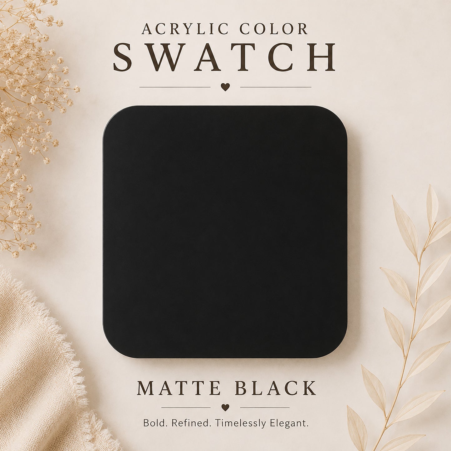 Matte black acrylic color swatch on a neutral background with text and decorative elements.