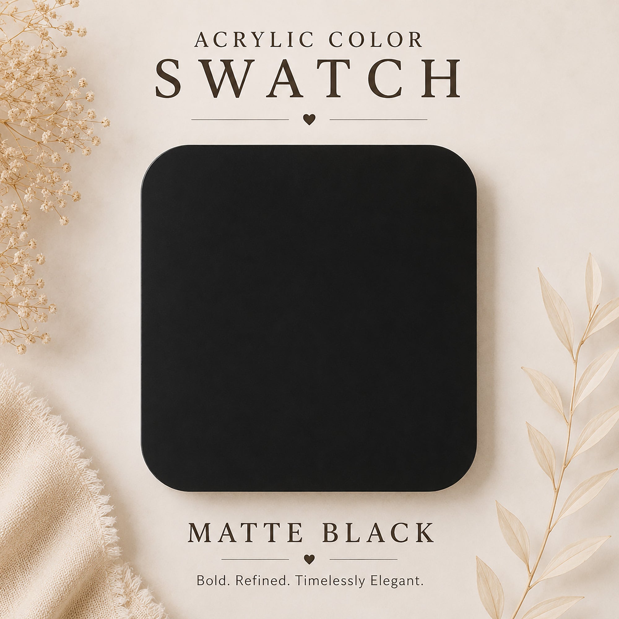 Matte black acrylic color swatch on a neutral background with text and decorative elements.