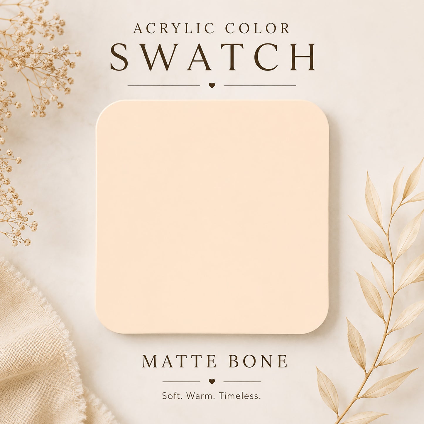 Acrylic color swatch labeled 'Matte Bone' on a light background with decorative elements.