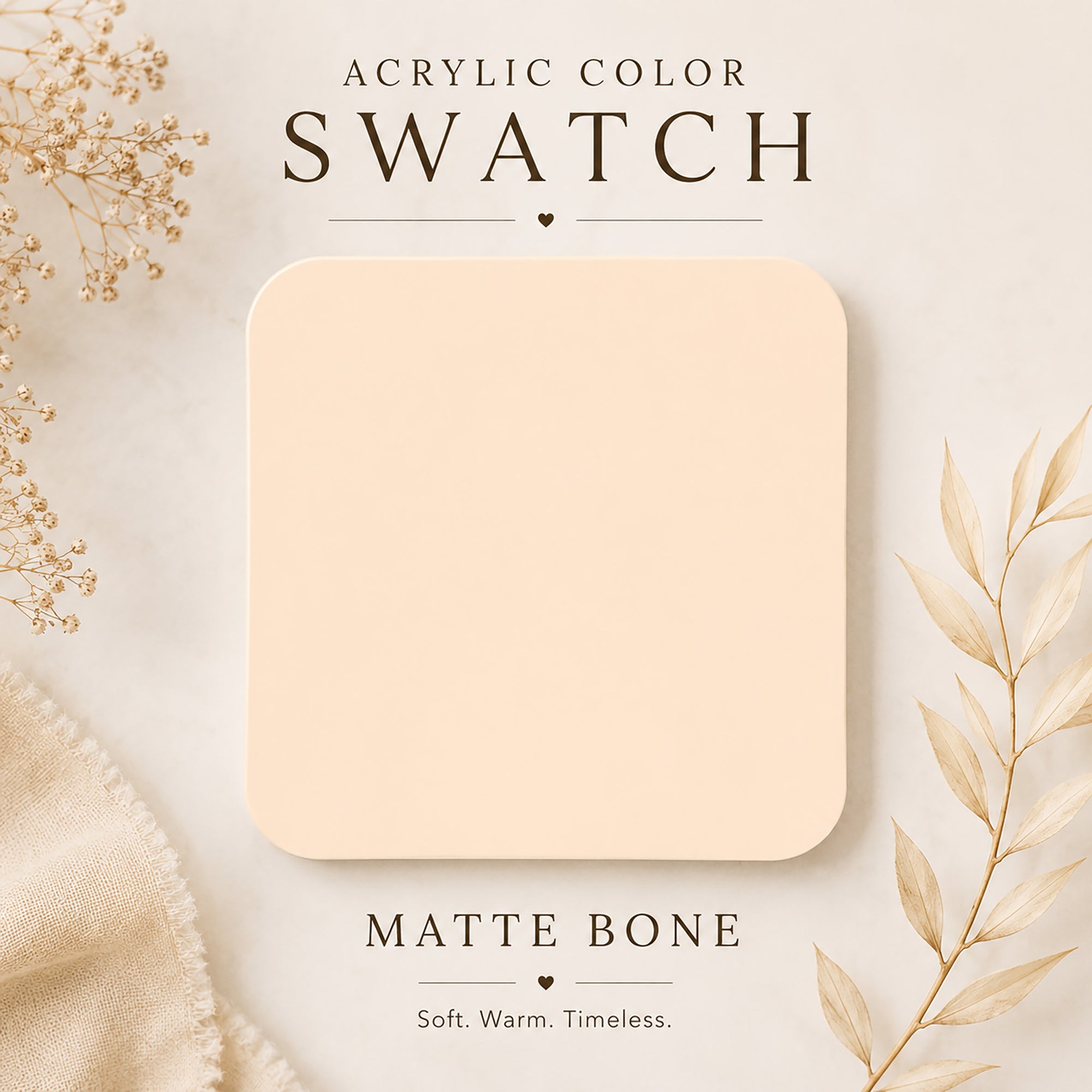 Acrylic color swatch labeled 'Matte Bone' on a light background with decorative elements.
